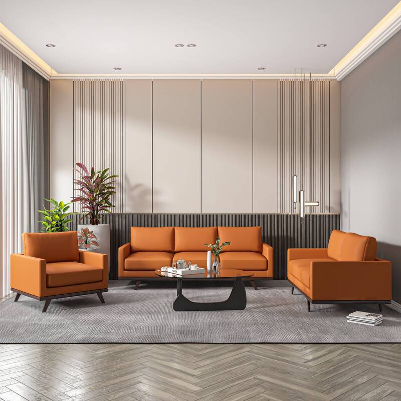 3-Piece Sofa Set Upholstered in Leather with Birch Wood Base Chester Collection