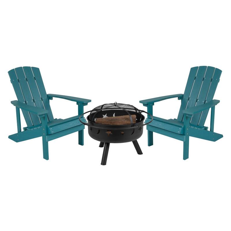 Star and Moon Fire Pit with Mesh Cover & 2 Poly Resin Adirondack Chairs