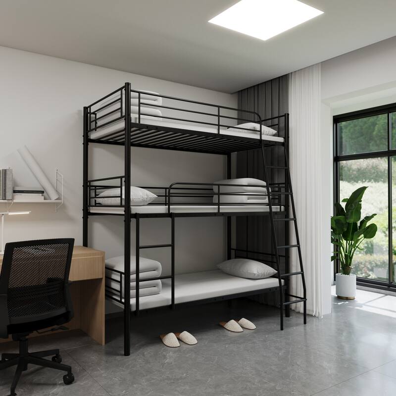 Twin Size Triple Bunk Bed with Two Ladders and Guardrails, Heavy Duty Metal Triple Bunk Bed Frame, Convertible into 3 Beds