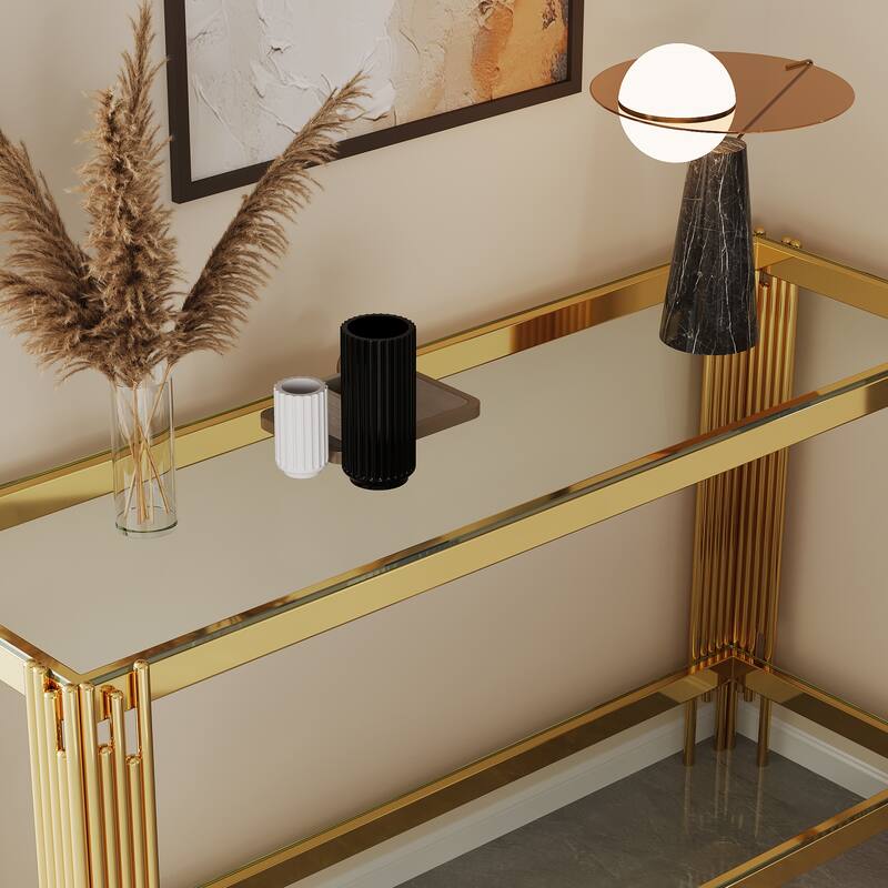 Top and Bottom Double Layer Tempered Glass Console Table and Mirror Finished Stainless Steel Frame