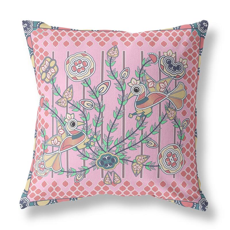 HomeRoots 16" x 16" Pink Peacock Blown Seam Floral Indoor Outdoor Throw Pillow - 16.00' X '5.00' X '16.00