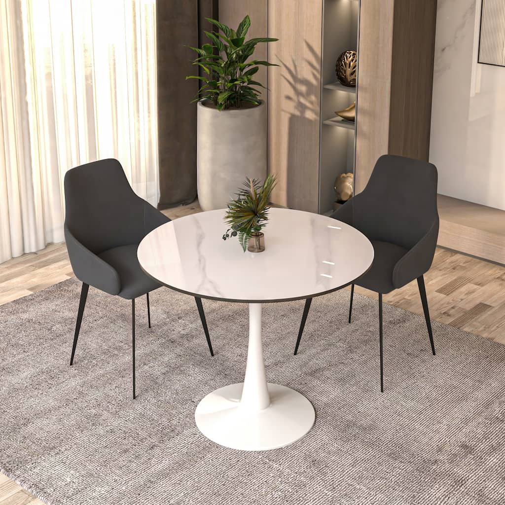 Bristol 31" Modern Round Dining Table with Sintered Stone Top & White Stainless Steel Pedestal Base for Dining Room and Kitchen