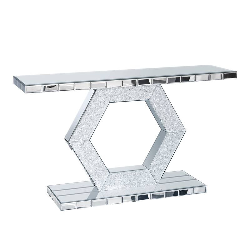 54.9" Modern Crystal Hexagon Mirror Console Table with Diamond Glass Effects