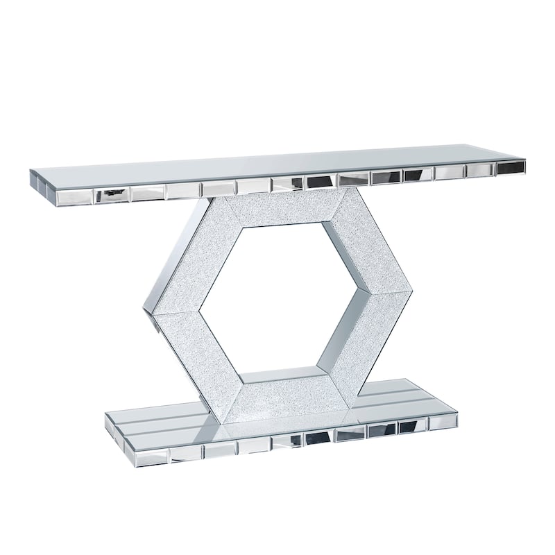 Sparkling Crystal Hexagon Mirror Entryway - Premium Modern Foyer Console Table, Dual-Tier Luxury Sofa Table