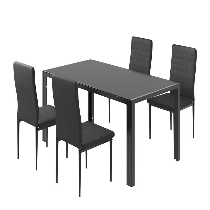 5/7-Piece Glass Top Dining Table Set, Kitchen Table and 4/6 Luxury Faux Leather Chairs, Home Furniture Rectangular Modern, Black