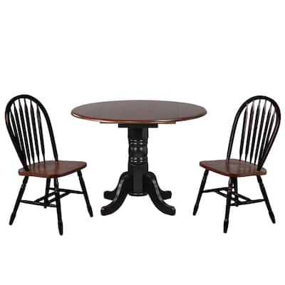 Round Extendable Dining Set - 42" Solid Wood Table & 2 Retro Chairs