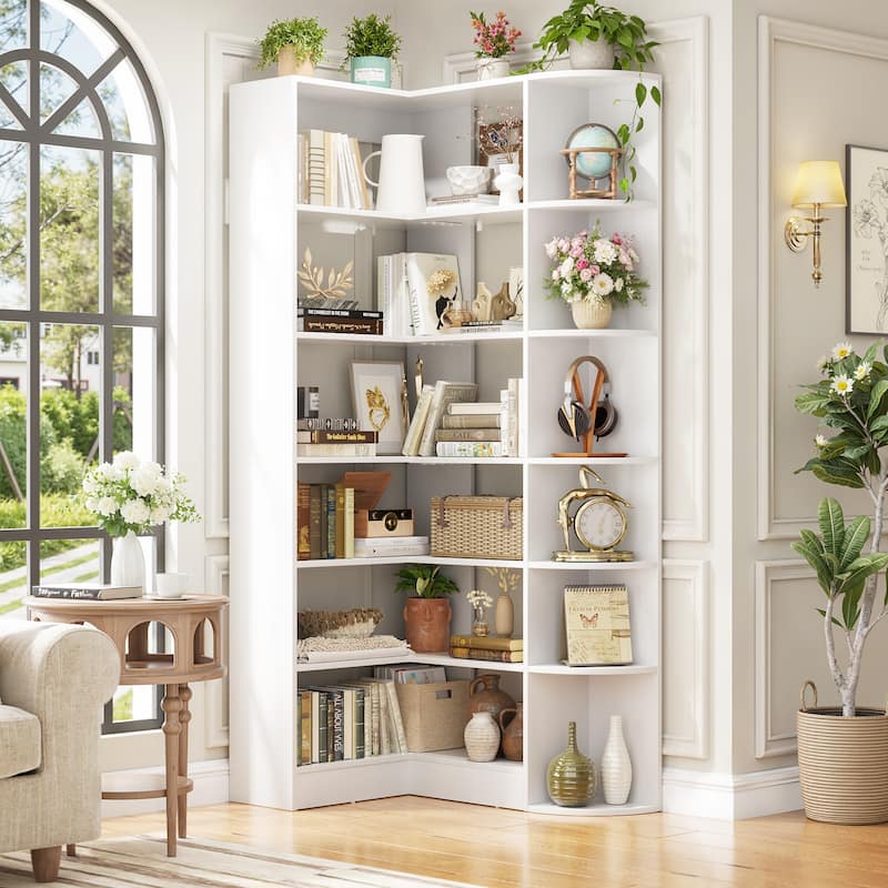 6-Tier Corner Bookshelf, 71" H Freestanding L-Shaped Book Shelf with Baffle, Corner Open Display Shelf Bookcase - White
