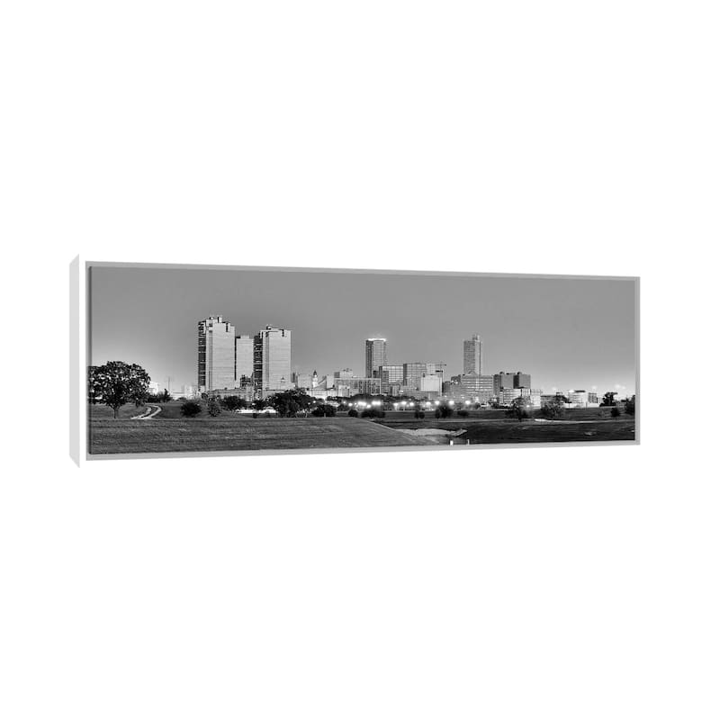 iCanvas "Fort Worth Panoramic Skyline Cityscape (Black & White - Evening)" by Unknown Artist Framed Canvas Print - 16x48 - White