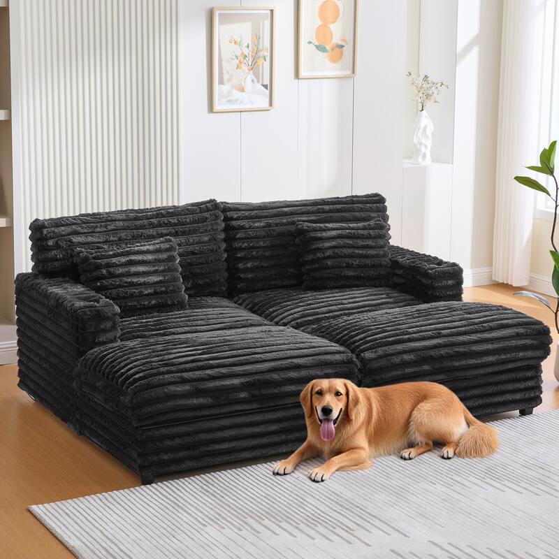 Oversized Double Chaise Lounge Sofa, Living Room 2 Seater Sofa Upholstered Sleeper Sofa Bed Daybed with USB Ports & Cup Holders