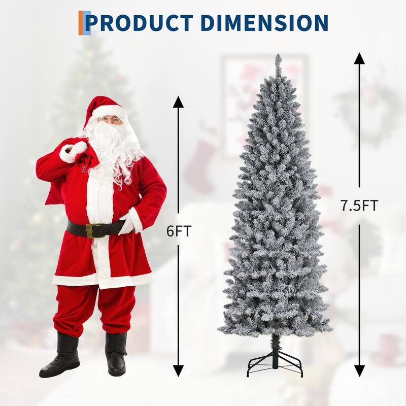 6ft Prelit Flocked Pencil Christmas Tree with Lights, Slim Artificial Xmas Tree with Snowy Branch