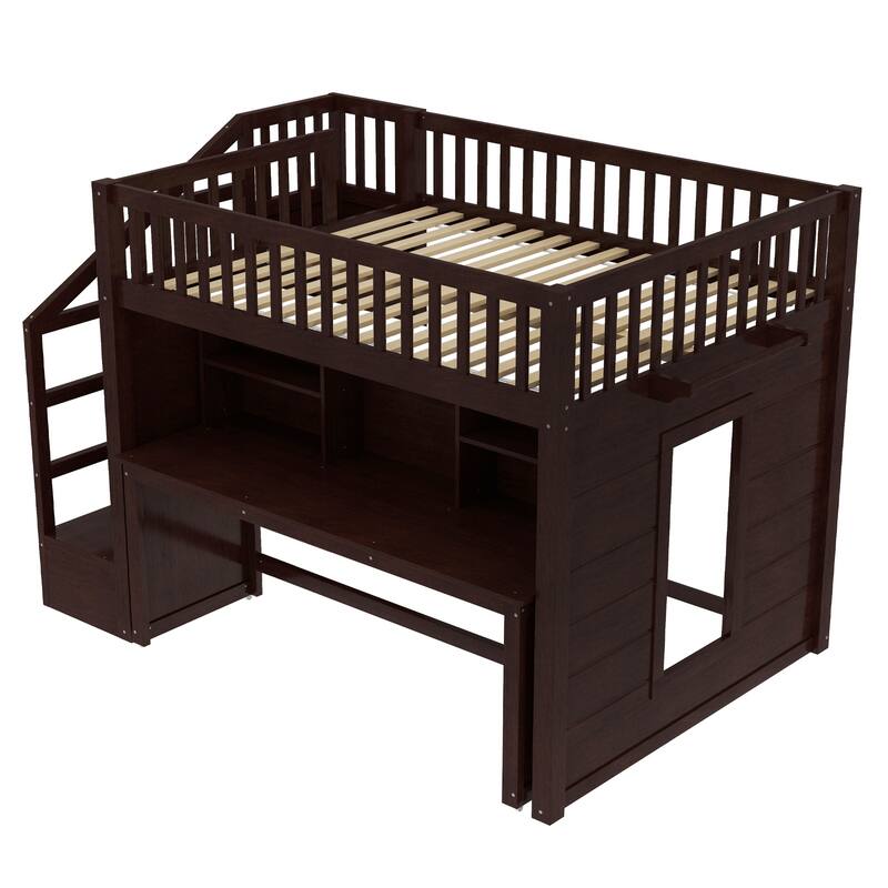 Espresso Loft Bed with Desk Bookshelf Storage Stairs Wood Loft Bed Frame