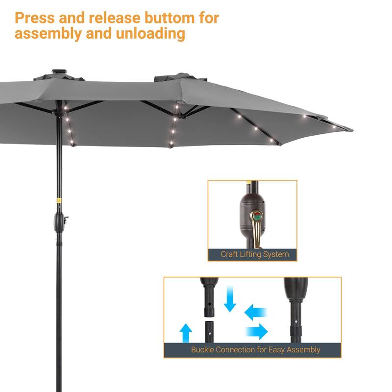 Livoosun 15×9FT LED Double-sided Patio Umbrella with BASE UPF50+ and Handle, and Wind-Resistant Design
