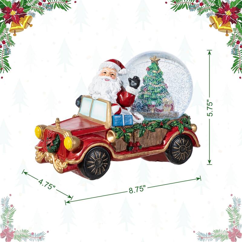 Glitzhome 100mm Christmas Resin Lighted Musical Snowflakes Santa Car Waterglobe
