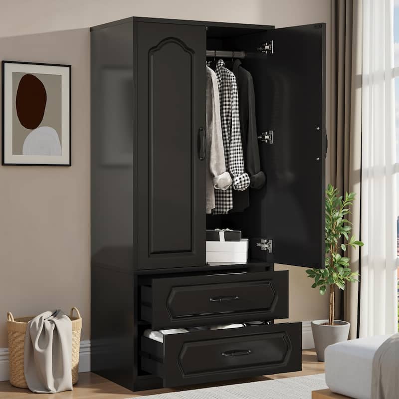Pocassy 68.9" H Wardrobe Closet with 2 Doors and 2 Drawers - Black