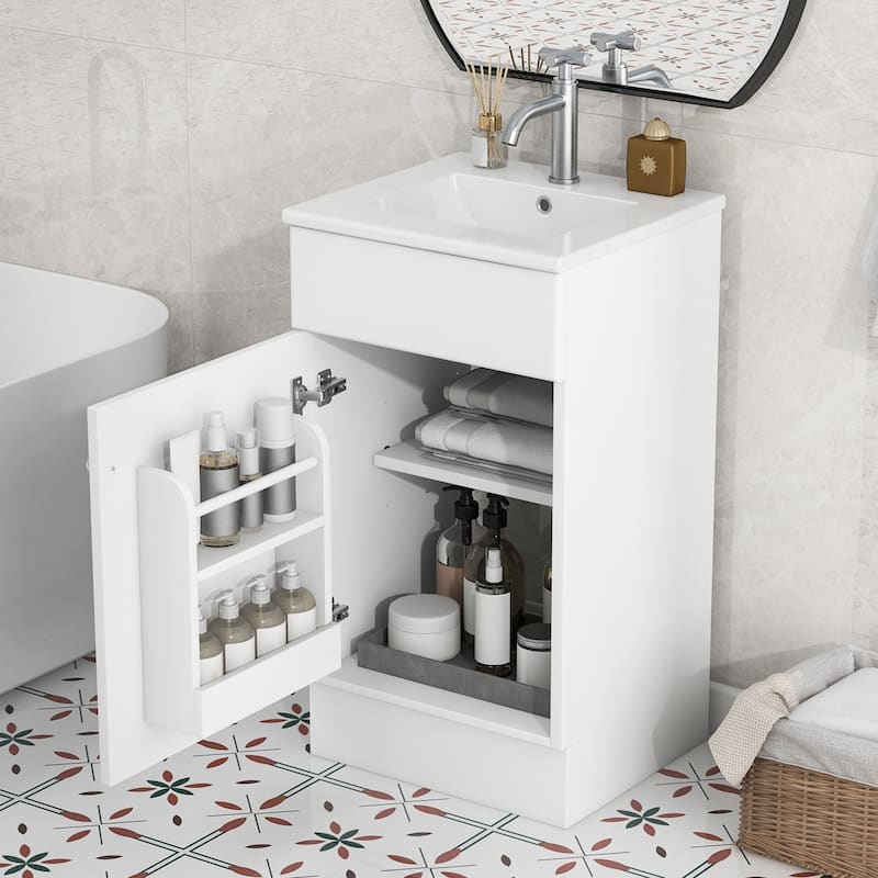 18" Bath Vanity with Sink - Door Shelf & Adjustable Interior Shelf - White