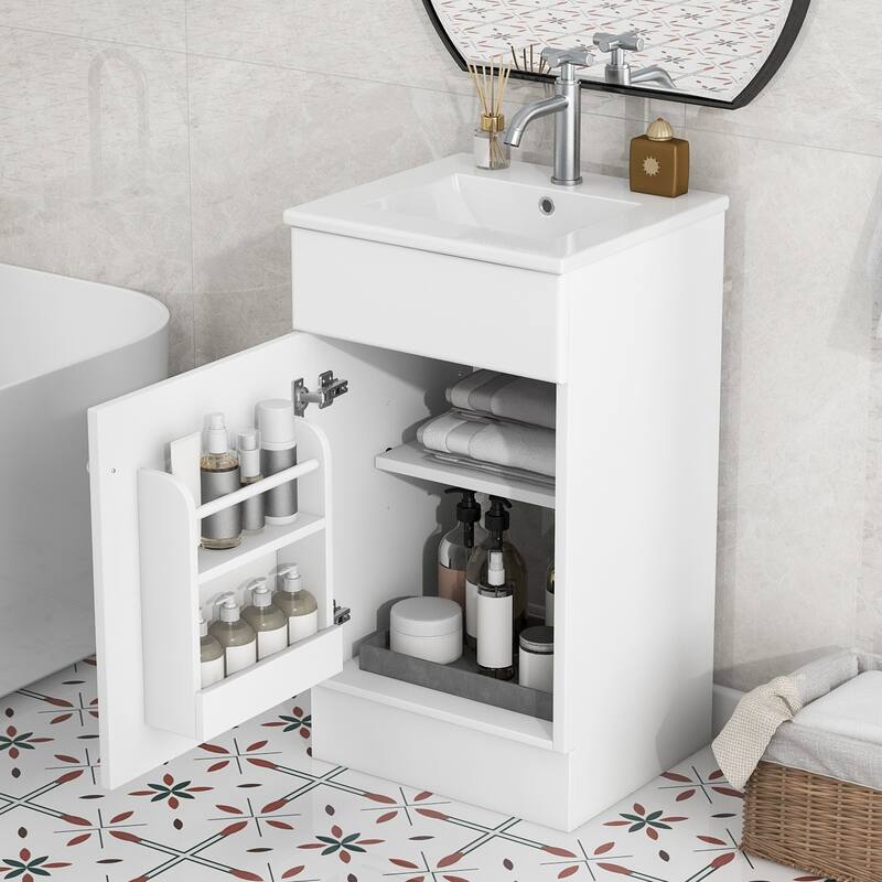 Bathroom Vanity with Ceramic Sink, Small Bathroom Sink Cabinet with Storage Rack, Bathroom Cabinet with Adjustable Shelf - White