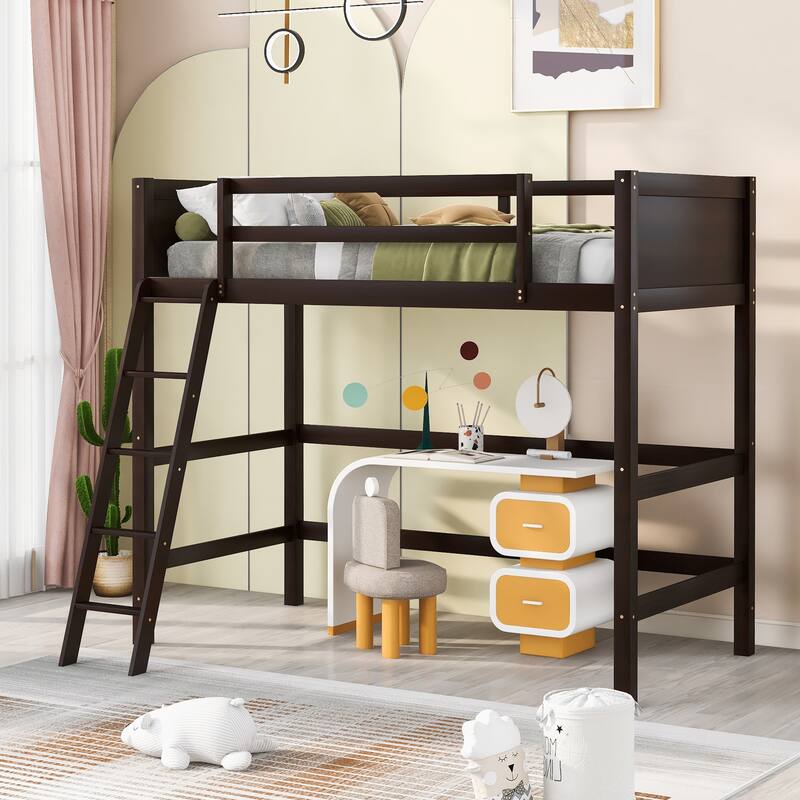 Twin Size Loft Bed with Guardrails and Ladder, Sturdy Pine Wood Frame - Espresso