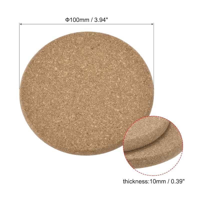 100mm Round Coasters 10mm Thick Cork Cup Mat Pad Round Edge 12pcs - Wood
