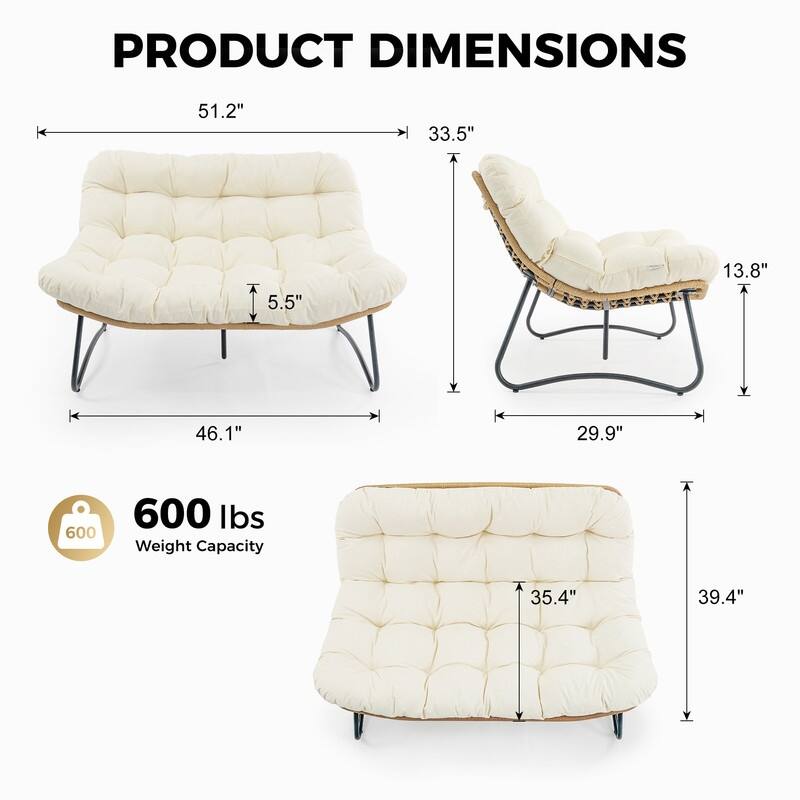 FINCATI 2-Person Outdoor/Indoor Wicker Lounge Egg Chair Loveseat, Oversized 51" Patio Club Chair with 5.5" Cushion