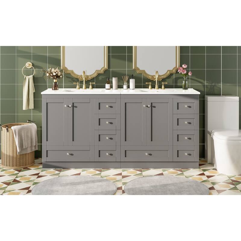 Roomfitters Shaker Style 72" Freestanding Bathroom Vanity Cabinet with Ceramic Sink, Soft-Close Doors and Drawers