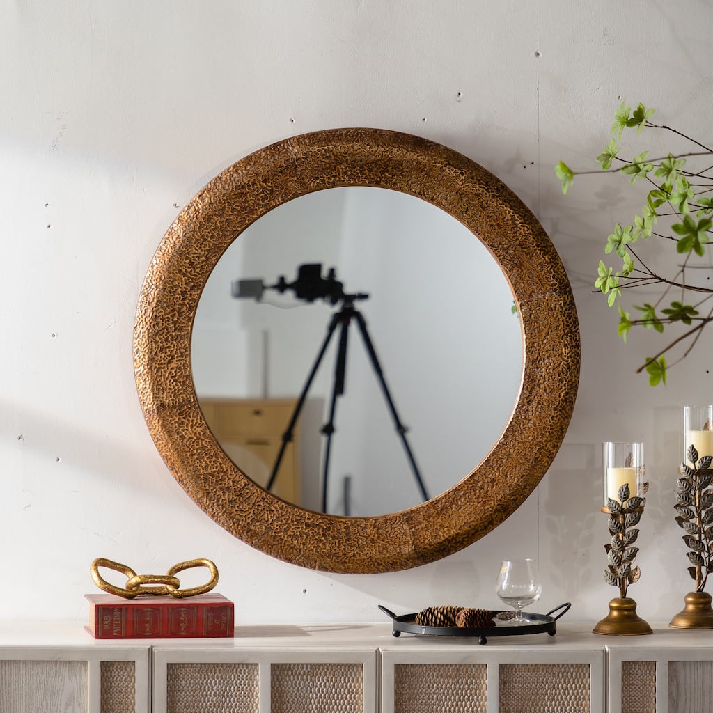 31.3" Hammered Gold Round Wall Mirror - Iron Frame & MDF Back Decorative Mirror, Rustic Accent Mirror - Golden
