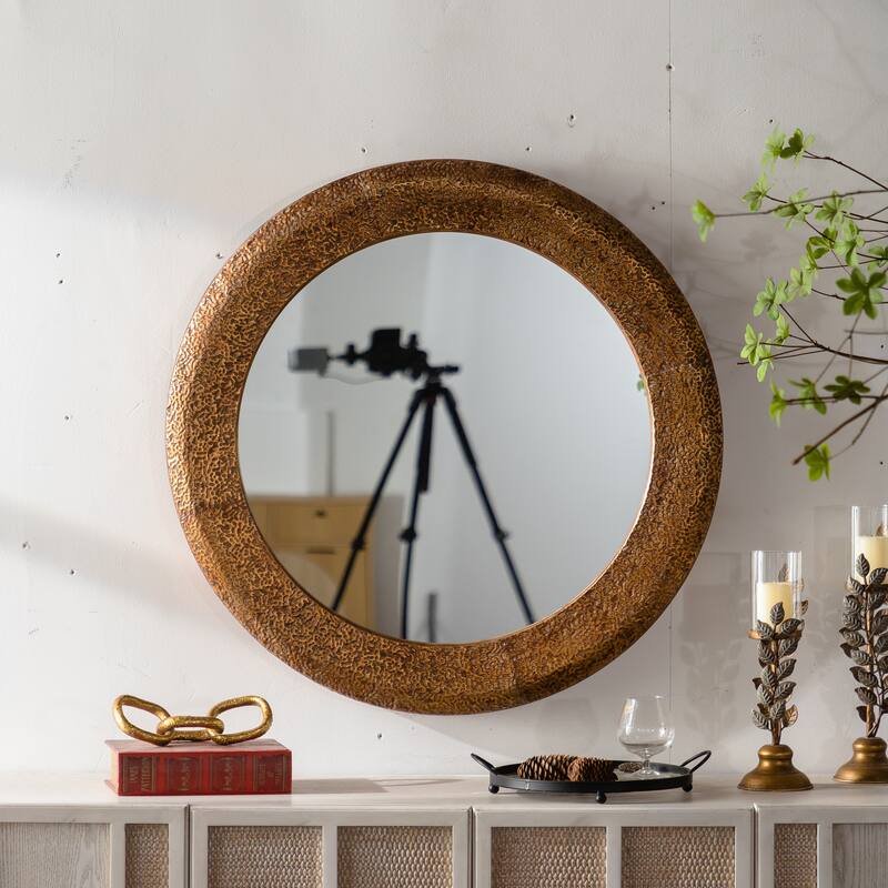 31.3" Hammered Gold Round Wall Mirror - Iron Frame & MDF Back Decorative Mirror, Rustic Accent Mirror - Golden - Golden