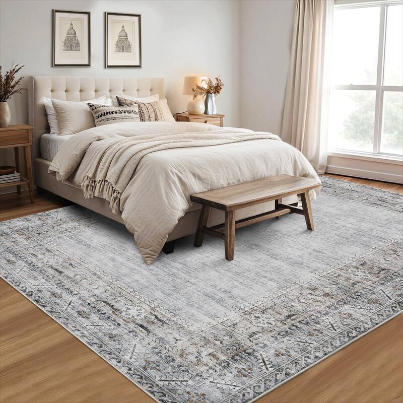 Vintage Bordered Area Rug Washable Area Rug Non-Slip Low Pile Throw Carpet for Living Room Bedroom Dining Room