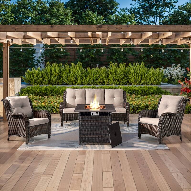 Gymojoy 4-Piece Outdoor Wicker Patio Furniture with Fire Pit Table, Rattan Coversation Set with Water Resistant Thick Cushions - Brown Wicker / Beige Cusion - 4-Piece