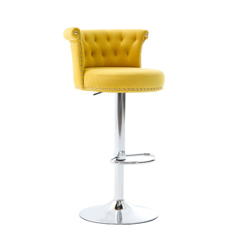 Velvet Upholstered Bar Stool Set of 2, Adjusatble Height Swivel Bar Stools, Dining Chairs with Curved Backrest & Footrest