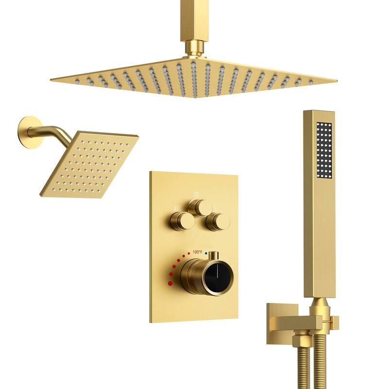 EVERSTEIN Dual Heads - 12"/6" Rain Shower Faucet with 3 Way Thermostatic Valve - High Pressure - Brushed Gold