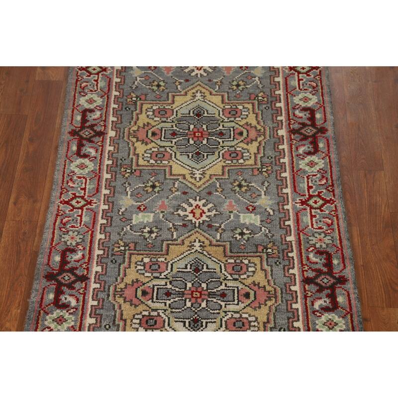 Hand Knotted Oriental 100% Wool Carpet Traditional Geometric Greys & Charcoal Heriz (serapi) Runner Rug - 7' 11'' X 2' 7''