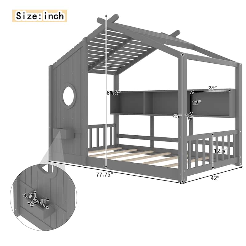 Floor House Bed with Storage Shelf for Toddler