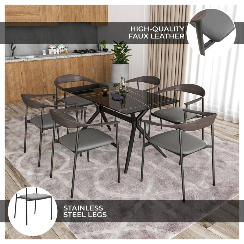Kora Upholstered Faux Leather Dining Arm Chair with Powder Coated Steel Legs by LeisureMod