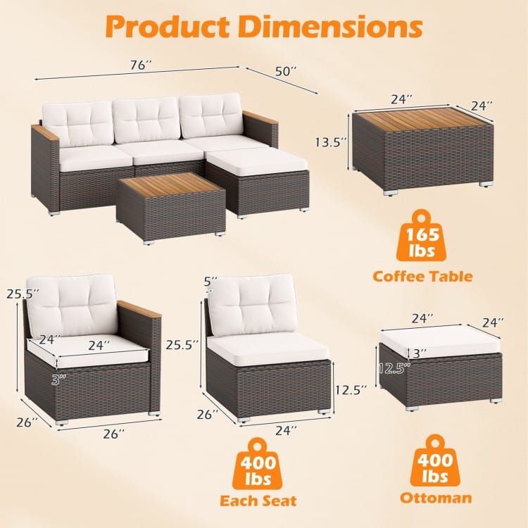 5 Piece Mix Brown Rattan Metal Outdoor Sofa Conversation Set with Off-White Cushions and Wood Table