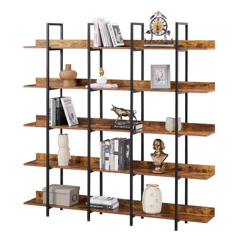 5 Tier Bookcase Home Office Open Bookshelf, Vintage Industrial Style Shelf, MDF Board, Black Metal Frame