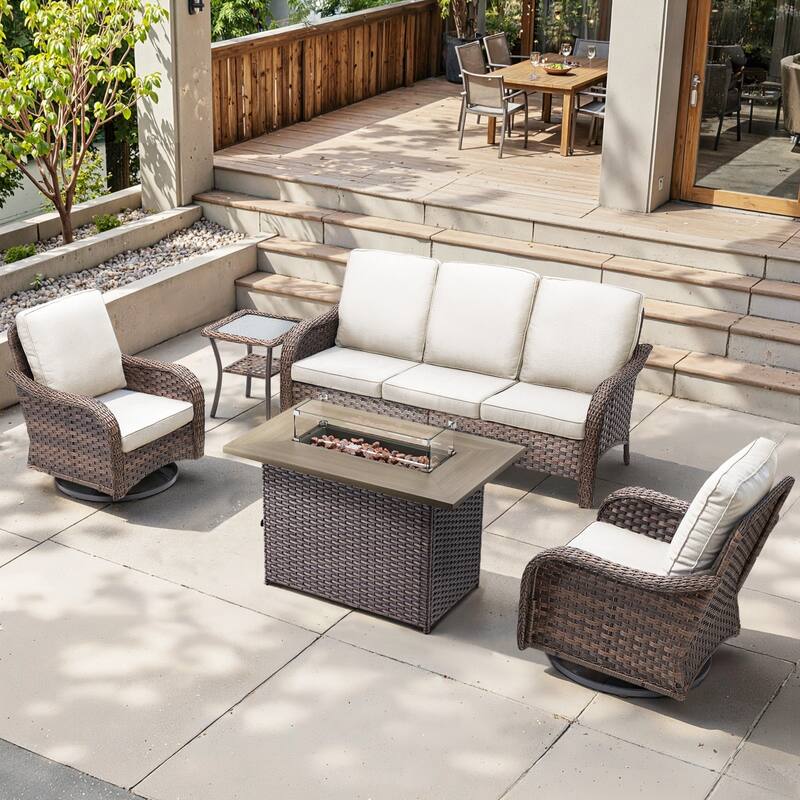 Cavira Brown Wicker Patio Fire Pit Conversation Set with Swivel Gliders