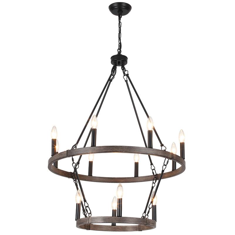 12-Light Large Chandelier Rustic Farmhouse Round 2-Tier Metal Wagon Wheel Chandelier Lighting for Living Room - Black and Brown