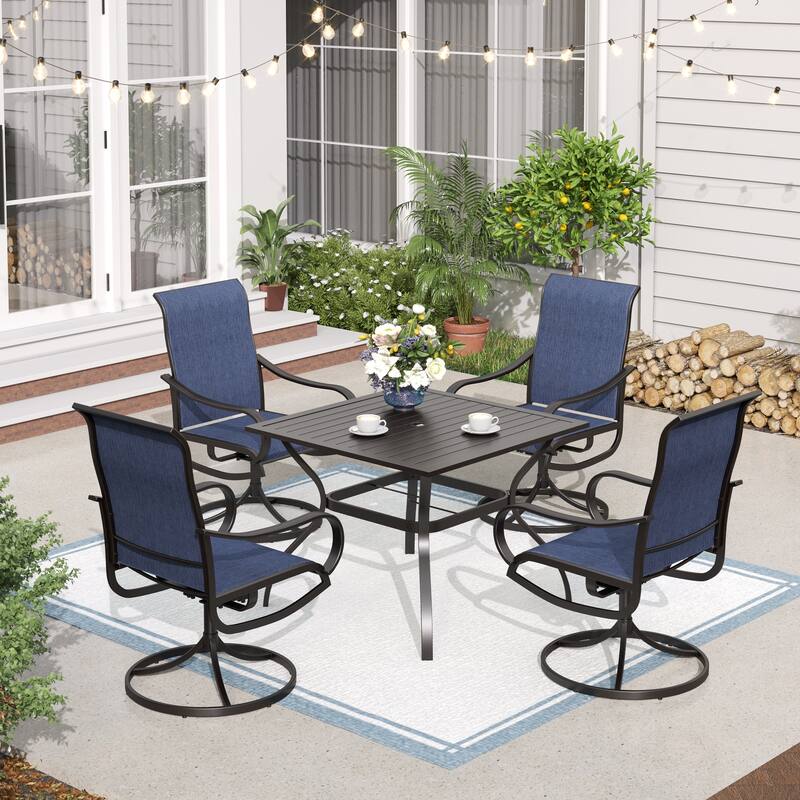 MAISON ARTS 5 Piece Patio Dining Set,4 Sling Dining Swivel Chairs and 37" Square Metal Table with 1.57" Umbrella Hole - Navy