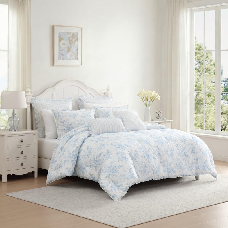 Laura Ashley Annalise Floral Reversible Stripe Breathable Cotton Comforter Set (Blue)