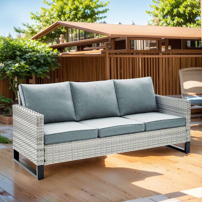3-Seat Outdoor Patio Couch Patio Wicker Sofa - Light Grey - Baby Blue