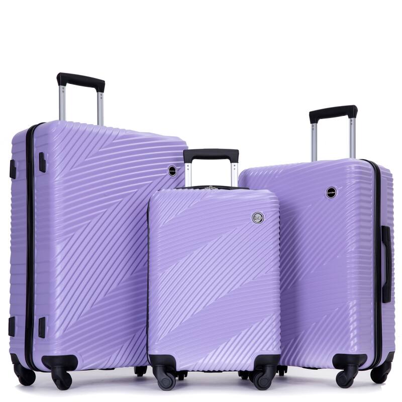 3 Piece Luggage Sets PC+ABS Lightweight Suitcase with Two Hooks, Spinner Wheels, (20/24/28) - Light Purple