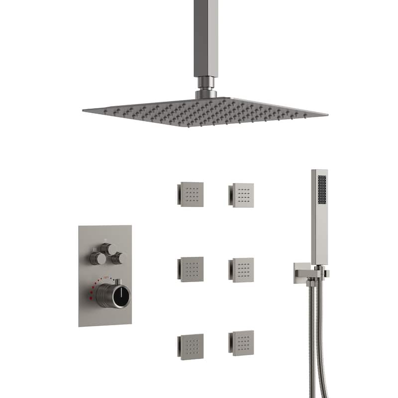 Shower System 12" Ceiling Rain Shower Head with 3-Way Thermostatic Faucet & Body Jets - Brushed Nickel