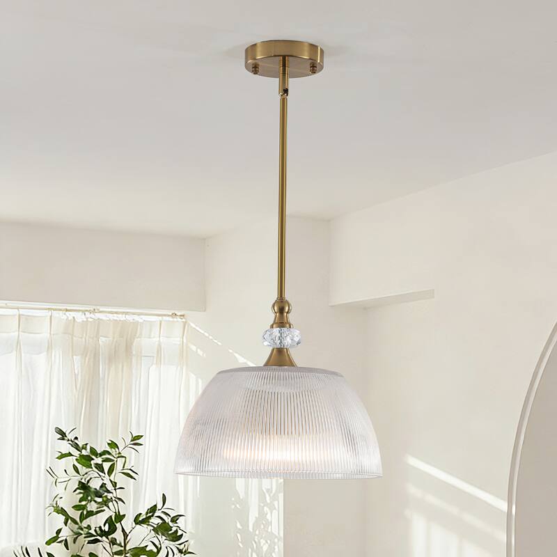 1-Light Modern Pendant Light with Ribbed Dome Shade - Brushed Gold