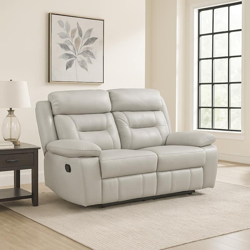 Conia Manual Dual Recliner Loveseat, Light Gray Silver Leather 63 Inch