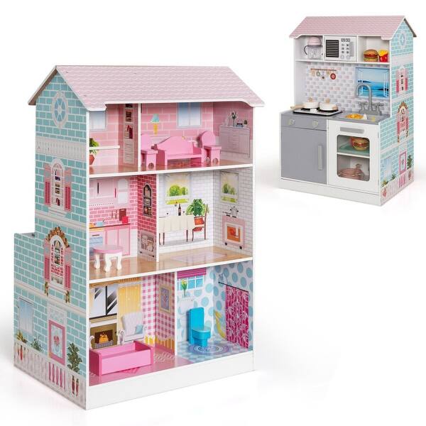 slide 2 of 7, 2-In-1 Double Sided Kids Kitchen Playset and Dollhouse with Furniture - 25" x 19" x 38.5" (L x W x H)