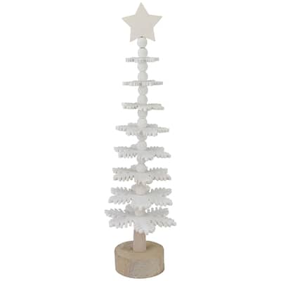 16" White Wooden Snowflake Cutout Christmas Tree With a Star Table Top Decor