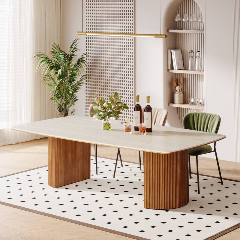 78.8-inch Large Dining Table with Travertine Slab Top for Kitchen Dining Room