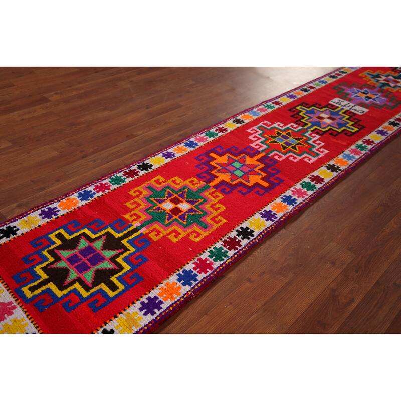 Tribal Anatolian Turkish Vintage Runner Rug Handmade Red Silk Carpet - 1'11"x 10'6"