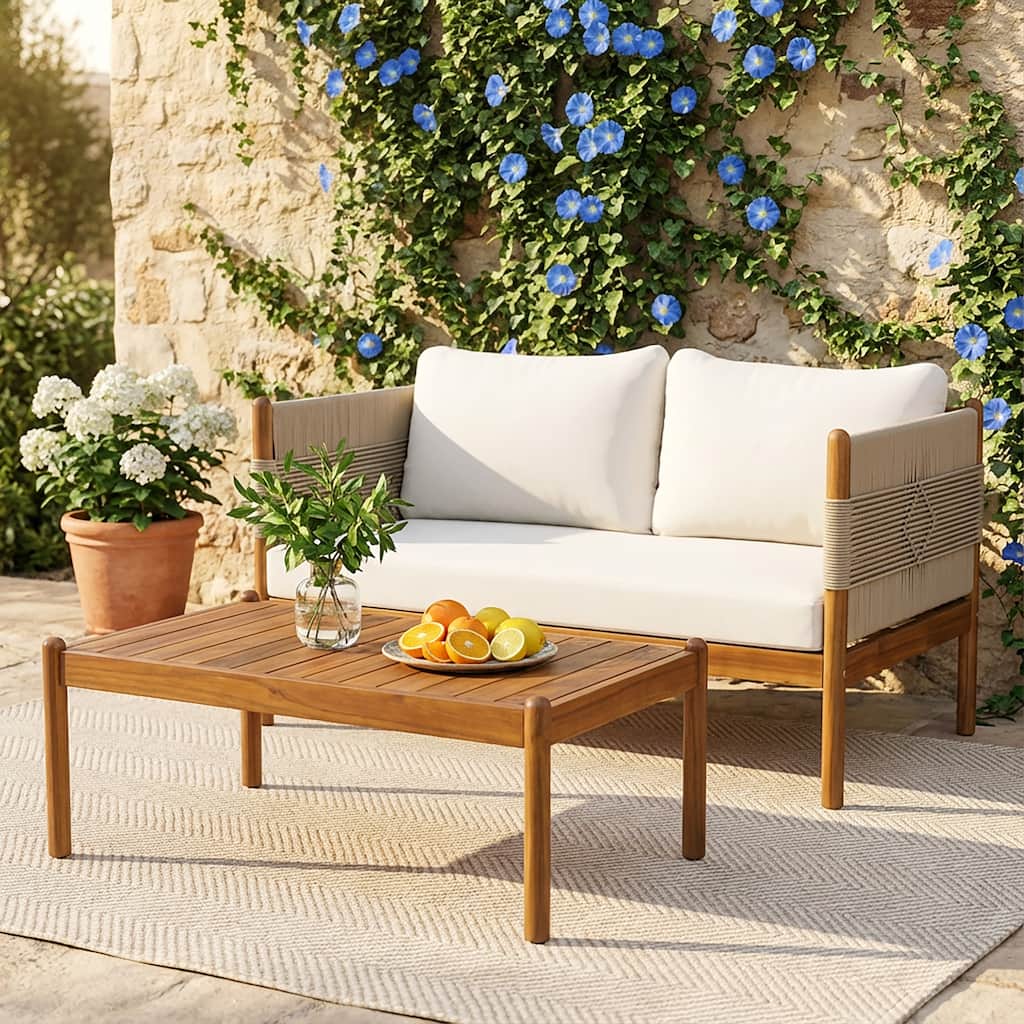 Christopher Knight Home - Outdoor 2-Piece Set with Acacia Wood Loveseat and Coffee Table, Rope Panels & Cushioned Seating