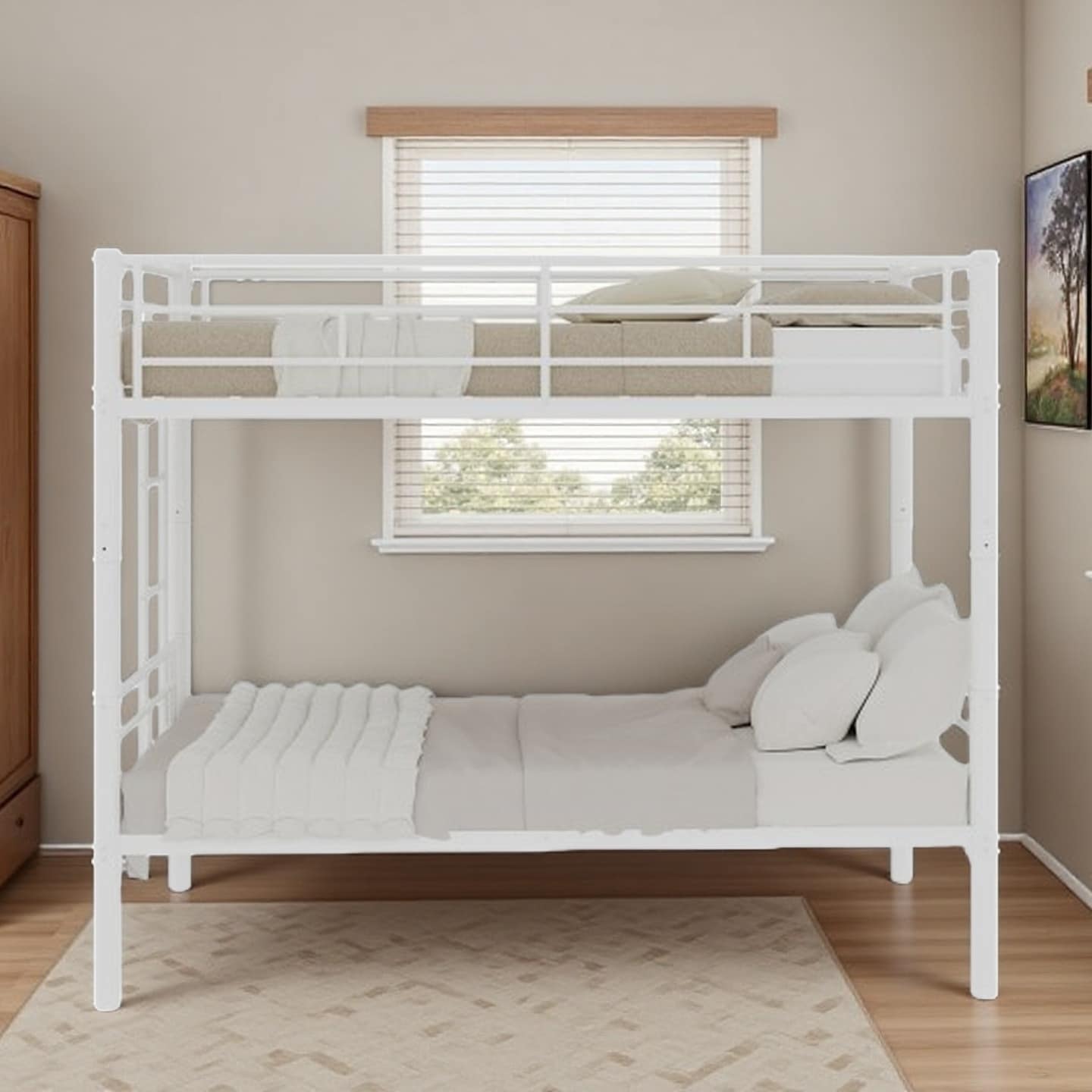 Twin Over Twin Metal Bunk Bed for Kids and Teens, Convertible Two-Bed Frame with Guardrails and Ladder